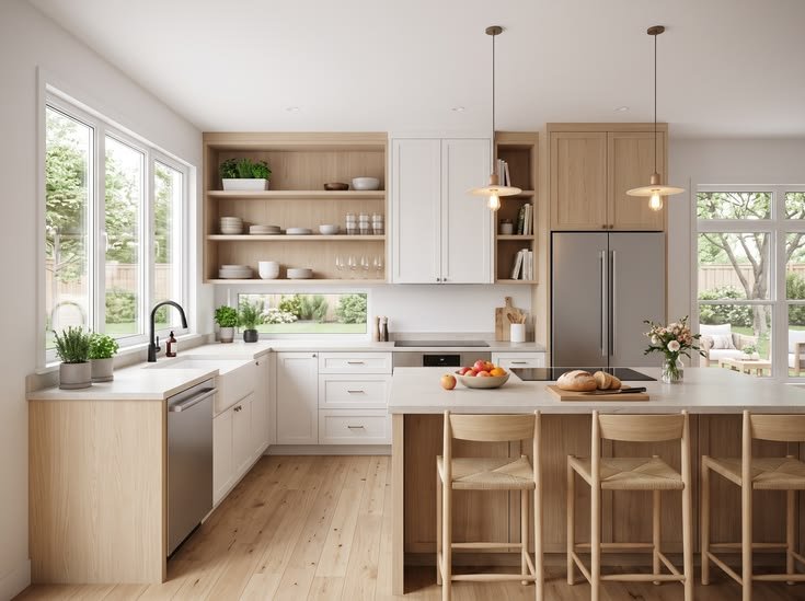 Scandinavian kitchen project in white with wood accents, Noida